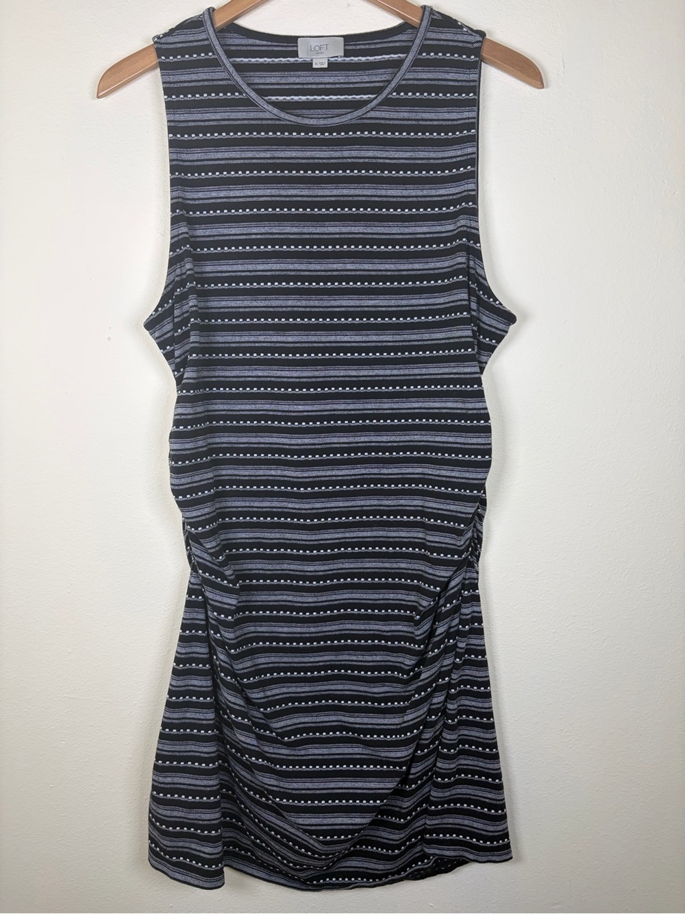 LOFT Maternity XL Black Gray Striped Ruched Sleeveless Midi Dress